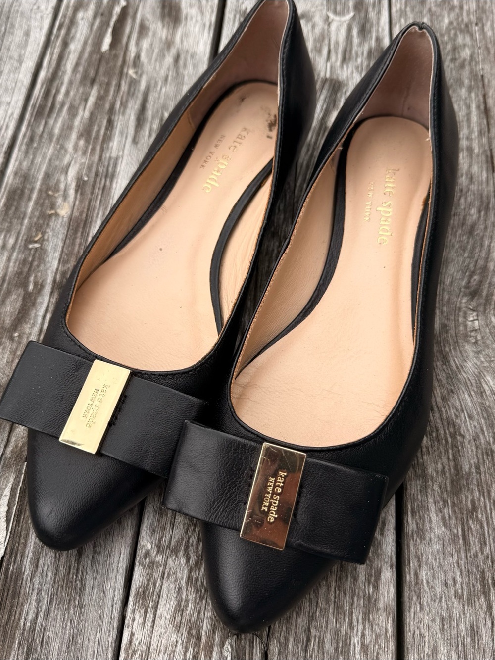 Kate Spade Norah Pointed Ballet Flats with bow with gold plaque